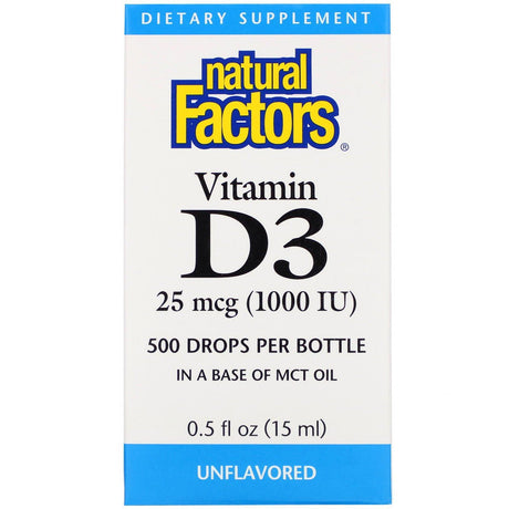 Natural Factors, Vitamin D3 Drops, Unflavored, 25 mcg (1,000 IU), 0.5 fl oz (15 ml) - Supply Center USA