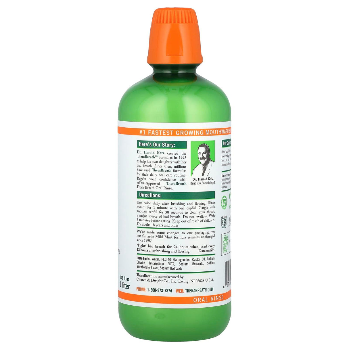 TheraBreath, Fresh Breath Oral Rinse, Mild Mint , 33.8 fl oz (1 l) - Supply Center USA