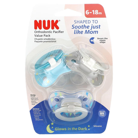 NUK, Glow in the Dark Orthodontic Pacifier, 6-18 Months, Lightning Bolts and Stars, 3 Value Pack - Supply Center USA