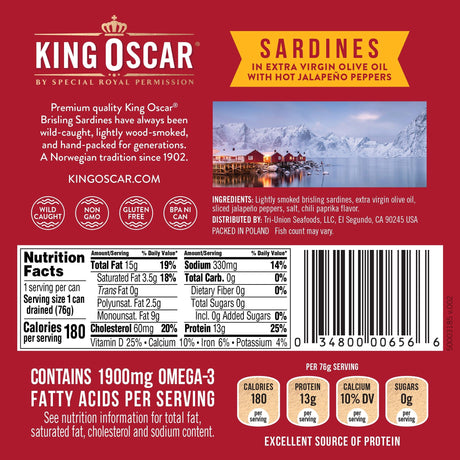 King Oscar, Wild Caught Sardine, In Extra Virgin Olive Oil with Hot Jalapeno Peppers, Hot, Two Layer, 3.75 oz (106 g) - Supply Center USA