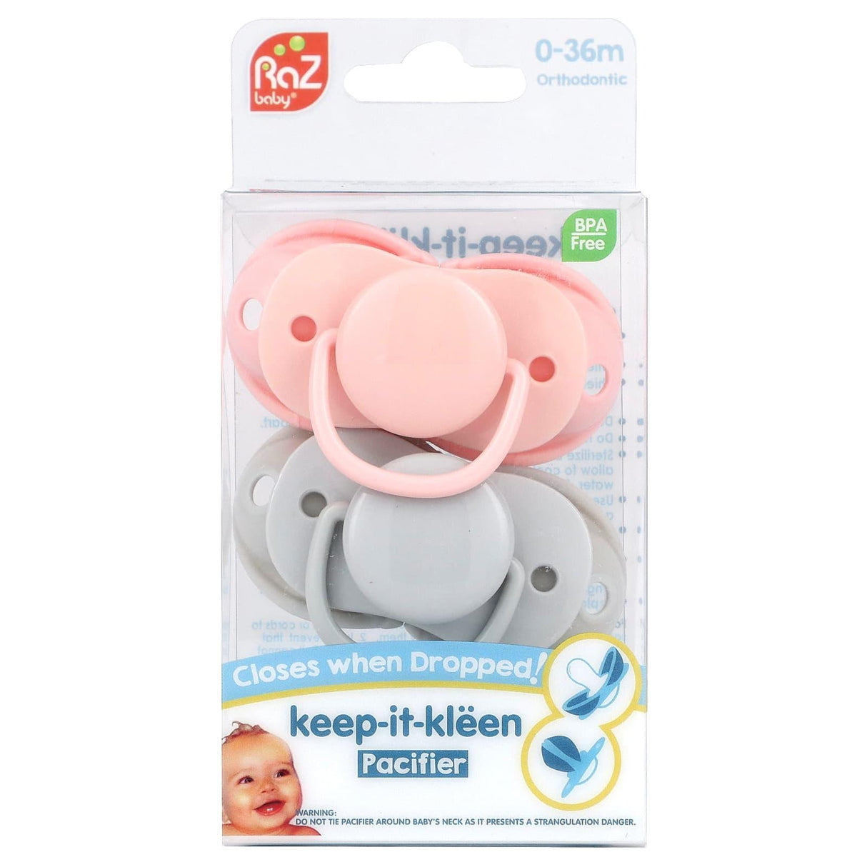 RaZbaby, Keep-It-Kleen Pacifier, 0-36m, Pink & Gray, 2 Pacifiers - Supply Center USA