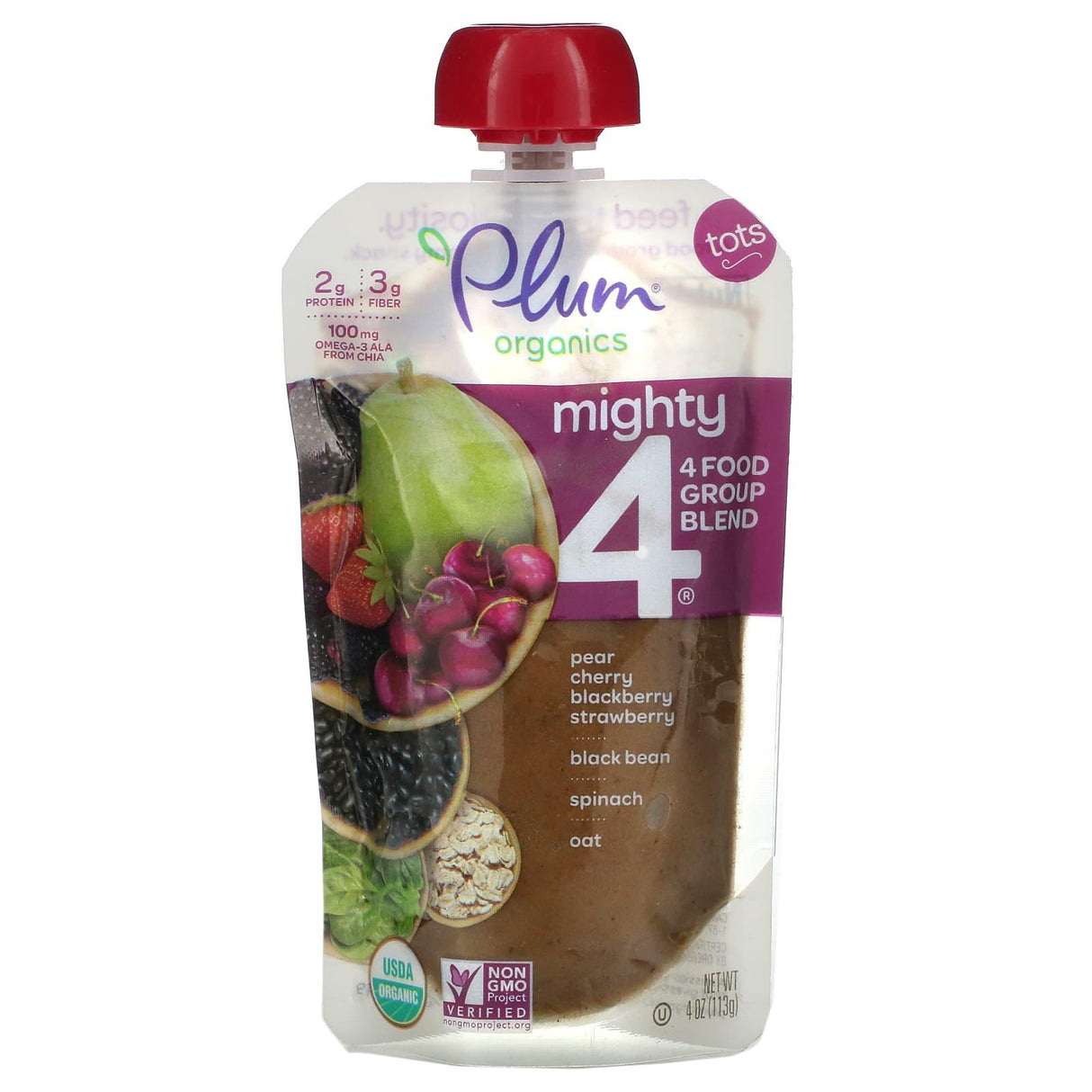 Plum Organics, Mighty 4, 4 Food Group Blend, Tots, Banana, Peach, Pumpkin, Carrot, Greek Yogurt, Oat, 4 oz (113 g) - Supply Center USA