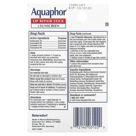 Aquaphor, Lip Repair Stick + Sunscreen, SPF 30, Fragrance Free, Dual Pack, 2 Sticks, 0.17 oz (4.8 g) Each - Supply Center USA