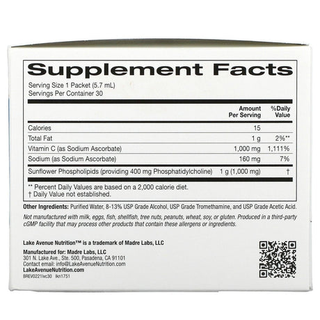 Lake Avenue Nutrition, Liposomal Vitamin C, Unsweetened, 1,000 mg, 30 Packets, 0.2 oz (5.7 ml) Each - Supply Center USA