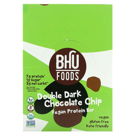 BHU Foods, Vegan Protein Bar, Double Dark Chocolate Chip, 12 Bars, 1.6 oz (45 g) Each - Supply Center USA