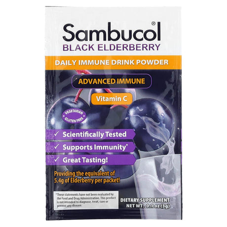 Sambucol, Black Elderberry, Daily Immune Drink Powder, Natural Berry, 30 Packets, 0.1 oz (3 g) Each - Supply Center USA