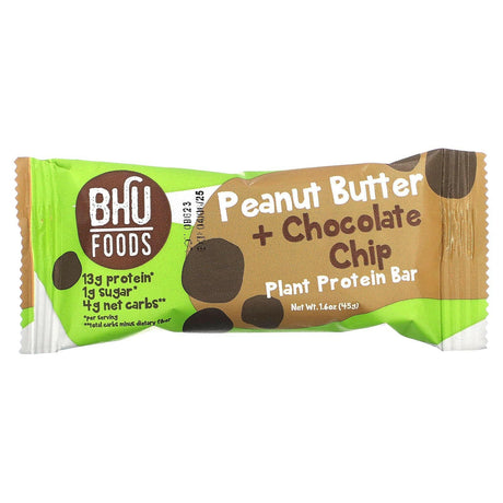 BHU Foods, Vegan Protein Bar, Peanut Butter + Chocolate Chip, 12 Bars, 1.6 oz (45 g) Each - Supply Center USA