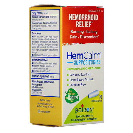 Boiron, HemCalm Suppositories, Hemorrhoid Relief, 10 Suppositories - Supply Center USA