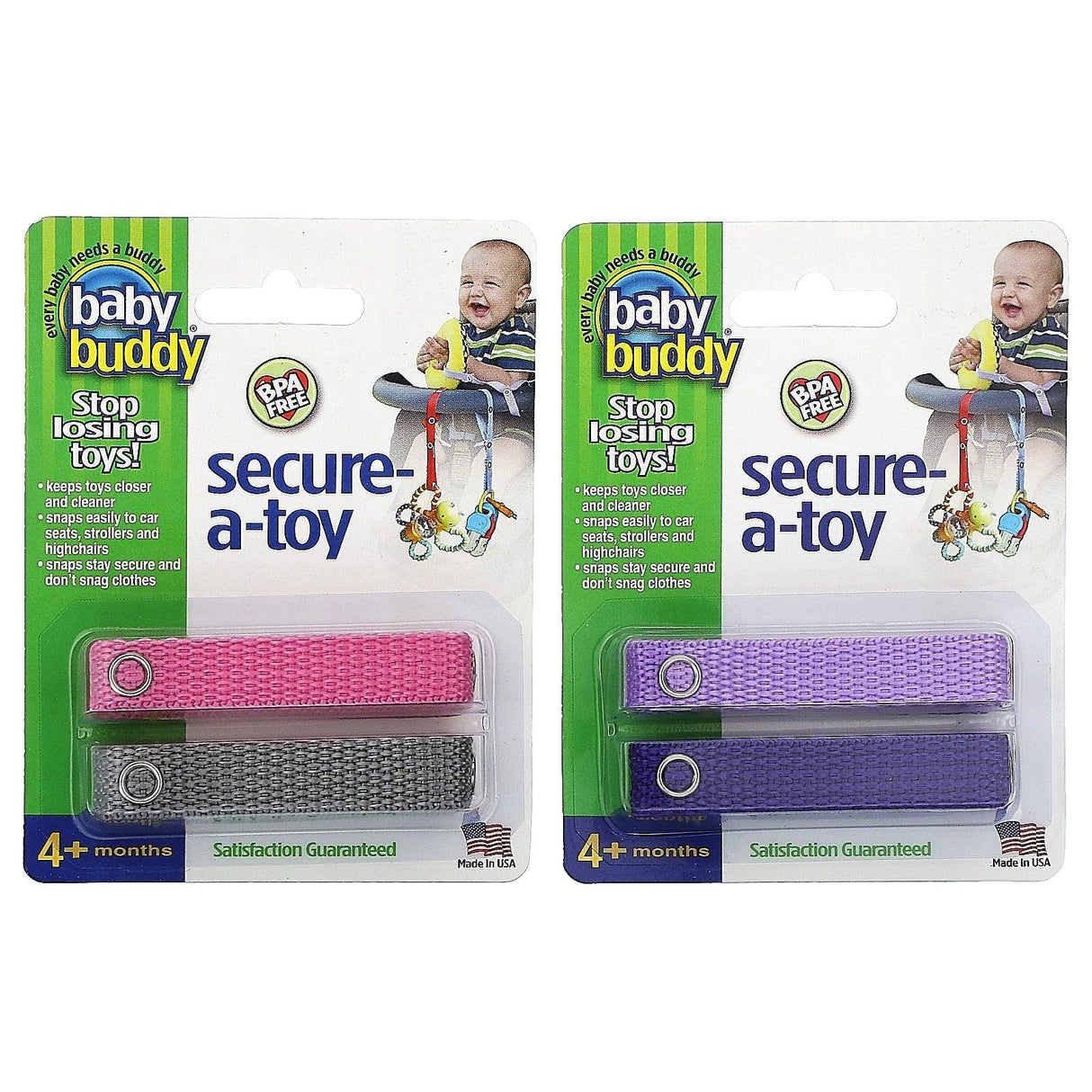 Baby Buddy, Secure-A-Toy, 4+ Months, Purple/Lilac & Pink/Gray, 4 Straps - Supply Center USA