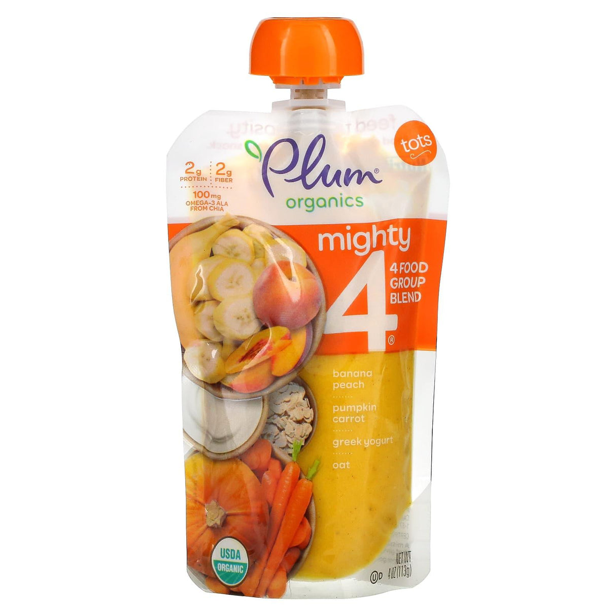 Plum Organics, Mighty 4, 4 Food Group Blend, Tots, Banana, Peach, Pumpkin, Carrot, Greek Yogurt, Oat, 4 oz (113 g) - Supply Center USA