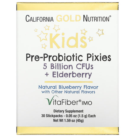 California Gold Nutrition, Kids Pre-Probiotic Pixies, 5 Billion CFUs + Elderberry, Natural Blueberry Flavor, 30 Packets, 0.05 oz (1.5 g) Each - Supply Center USA