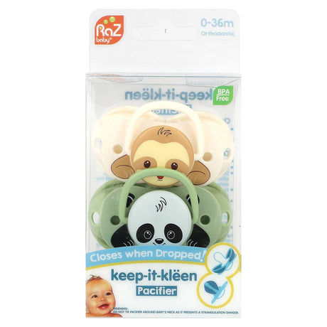 RaZbaby, Keep-It-Kleen Pacifier, 0-36m, Sloth & Panda, 2 Pacifiers - Supply Center USA