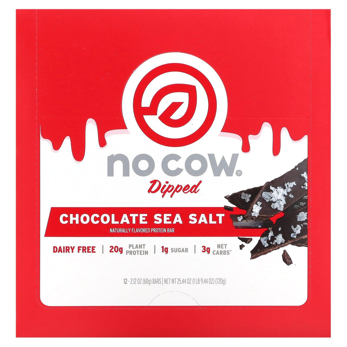 No Cow, Dipped Protein Bar, Chocolate Sea Salt, 12 Bars, 2.12 oz (60 g) Each - Supply Center USA