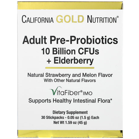 California Gold Nutrition, Adult Pre-Probiotics, 10 Billion CFU + Elderberry, Natural Strawberry & Melon Flavor, 30 Packets, 0.05 oz (1.5 g) Each - Supply Center USA