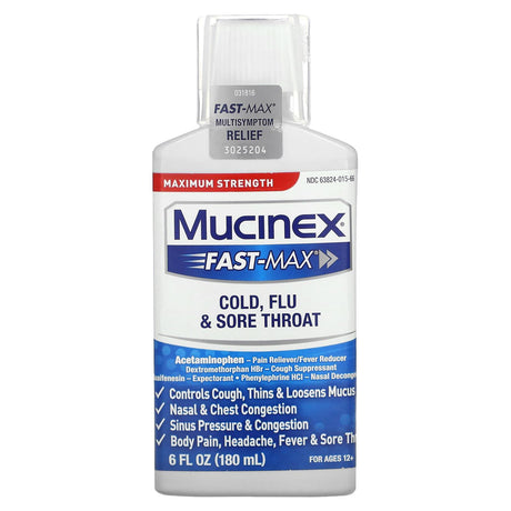 Mucinex, Fast-Max Cold, Flu & Sore Throat, Maximum Strength, For Ages 12+, 6 fl oz (180 ml) - Supply Center USA