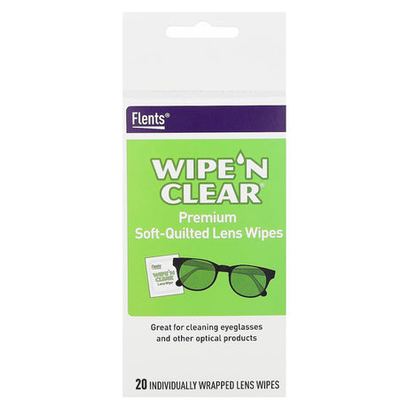 Flents, Wipe 'N Clear, Premium Soft-Quilted Lens Wipes, 20 Individually Wrapped Wipes - Supply Center USA