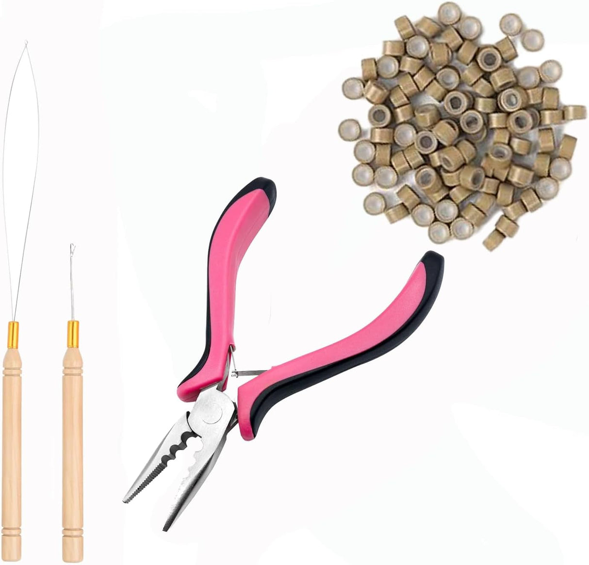 Hair Extensions Kit,3Pcs Microlinks Beads Tools Pliers for Linkies Opener and Removal Hair Extension Kit Pliers Pulling Hook Bead Device Tool Kits (Pink Plier - 3Pcs Tools)
