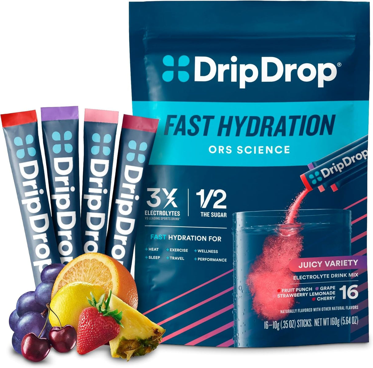Dripdrop Hydration Juicy Variety Pack Electrolyte Drink Mix Single-Serve Powder Packets- Grape, Fruit Punch, Strawberry Lemonade, Cherry - 32 Servings