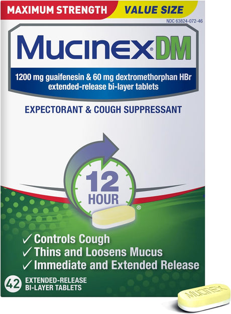 Mucinex DM 12Hr Maximum Strength Chest Congestion & Cough Medicine for Adults, Cold and Cough Medicine for Excess Mucus Relief, 1200 Mg Guaifenesin & 60 Mg Dextromethorphan Hbr, 42 Bi-Layer Tablets