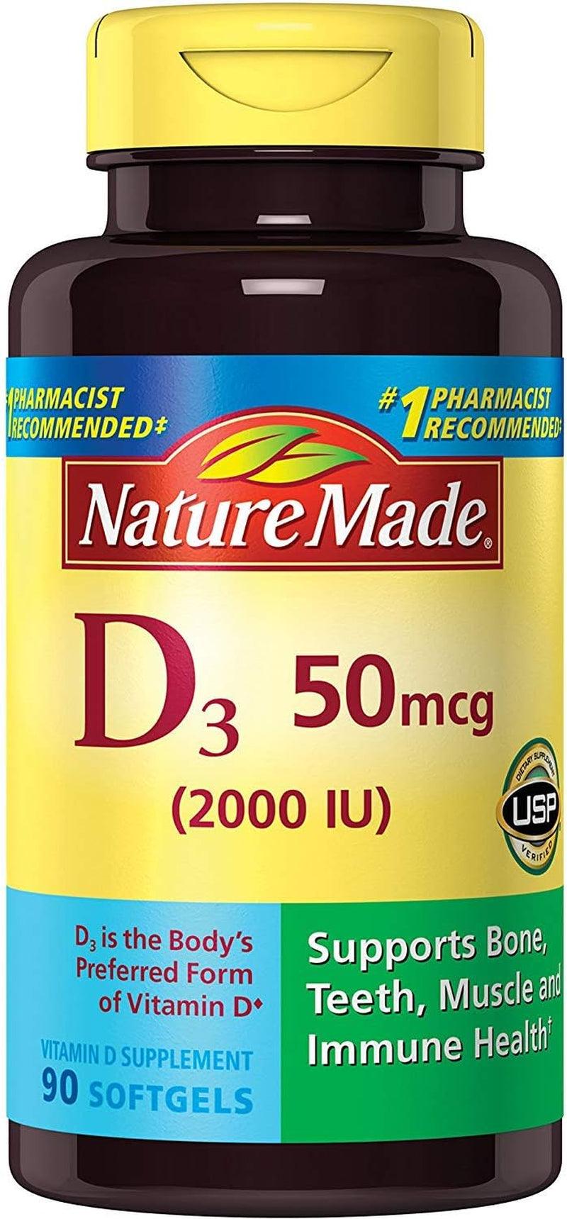 Nature Made Vitamin D3 2000 IU (50 Mcg), Dietary Supplement for Bone, Teeth, Muscle and Immune Health Support, 90 Softgels, 90 Day Supply - Supply Center USA