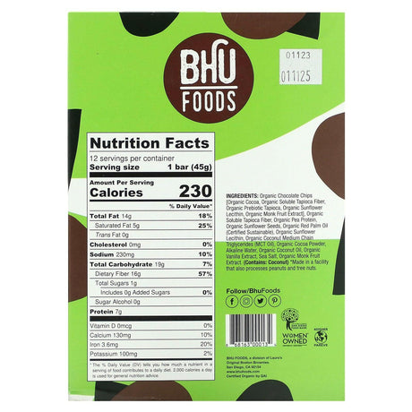 BHU Foods, Vegan Protein Bar, Double Dark Chocolate Chip, 12 Bars, 1.6 oz (45 g) Each - Supply Center USA