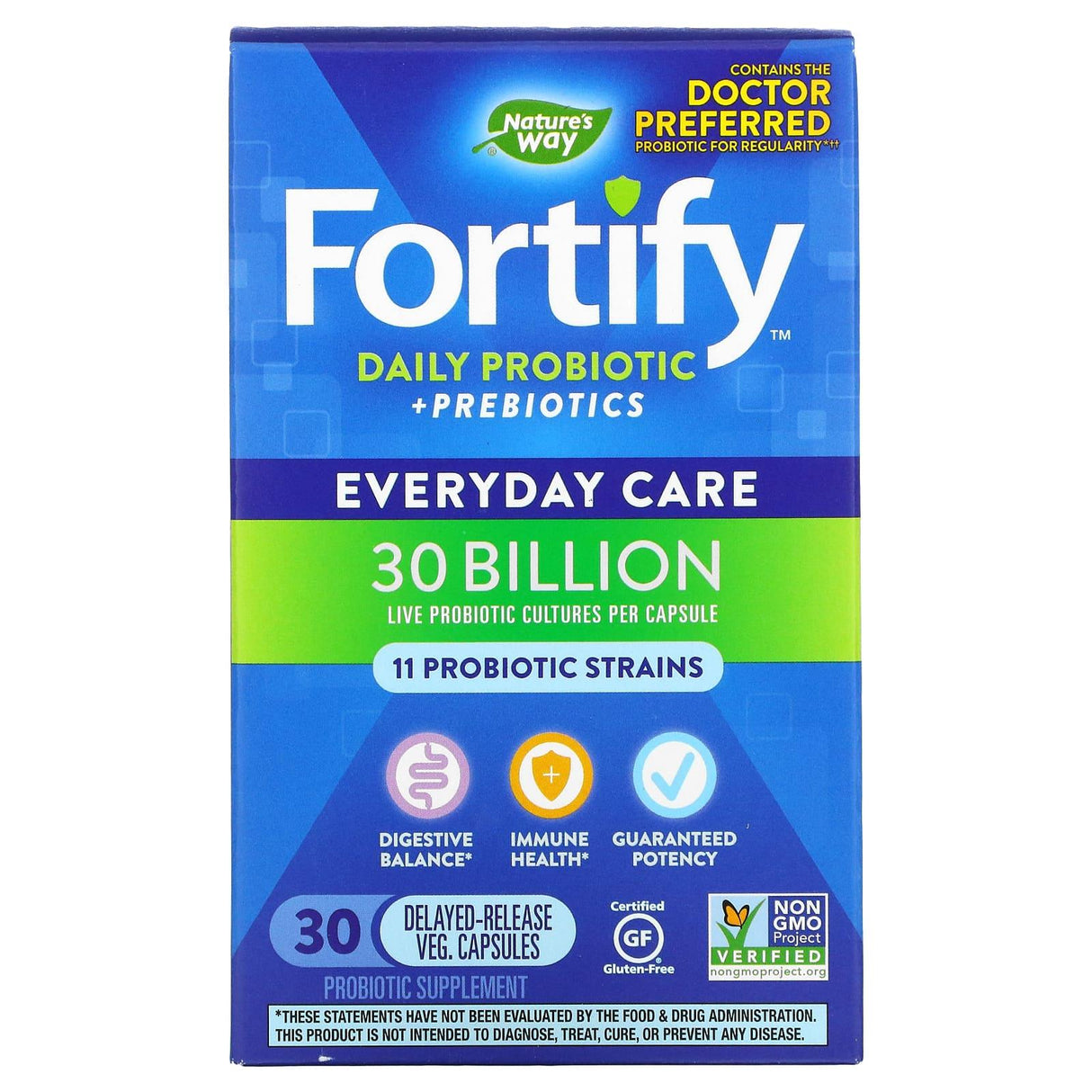 Nature's Way, Fortify, Daily Probiotic + Prebiotics, Everyday Care, 30 Billion CFU, 30 Delayed-Release Veg Capsules - Supply Center USA