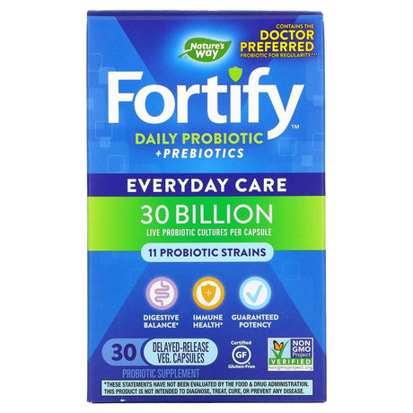 Nature's Way, Fortify, Daily Probiotic + Prebiotics, Everyday Care, 30 Billion CFU, 30 Delayed-Release Veg Capsules - Supply Center USA