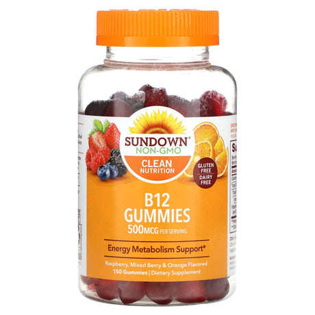 Sundown Naturals, B12 Gummies, Raspberry, Mixed Berry & Orange , 250 mcg, 150 Gummies - Supply Center USA