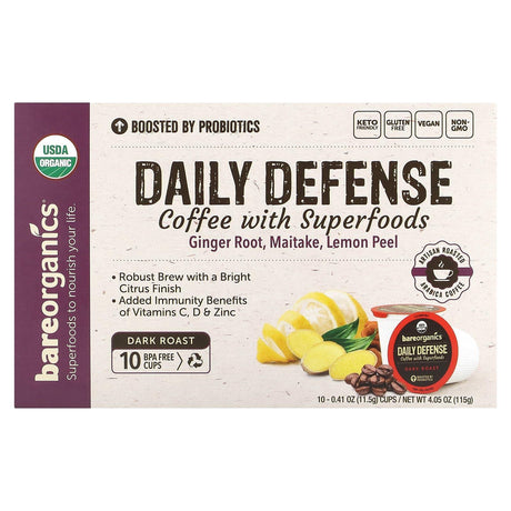 BareOrganics, Daily Defense, Coffee with Superfoods, Dark Roast, 10 Cups, 0.41 oz (11.5 g) Each - Supply Center USA