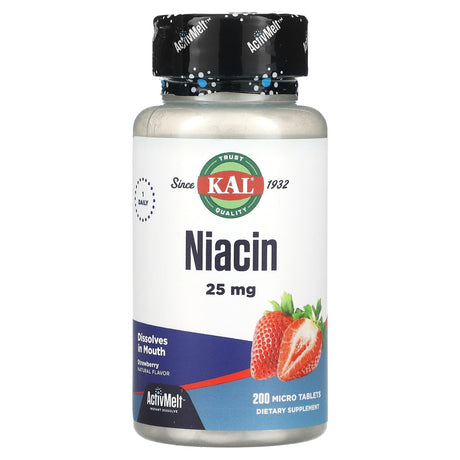 KAL, Niacin, Strawberry, 25 mg, 200 Micro Tablets - Supply Center USA