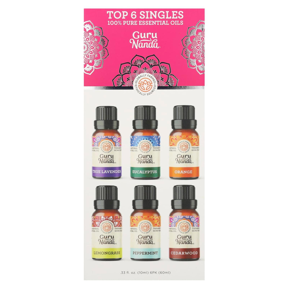 GuruNanda, Top 6 Singles 100% Pure Essential Oils , 6 Pack, .33 fl oz (10 ml) Each - Supply Center USA