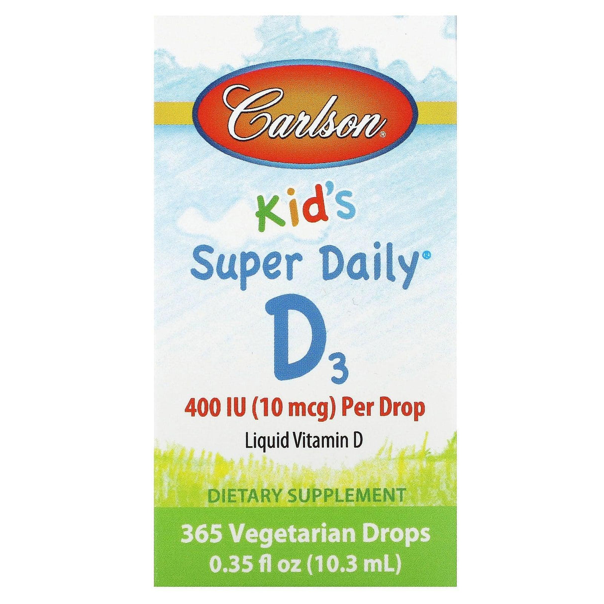 Carlson, Kids Super Daily D3, 10 mcg (400 IU ), 365 Vegetarian Drops, 0.35 fl oz (10.3 ml) - Supply Center USA