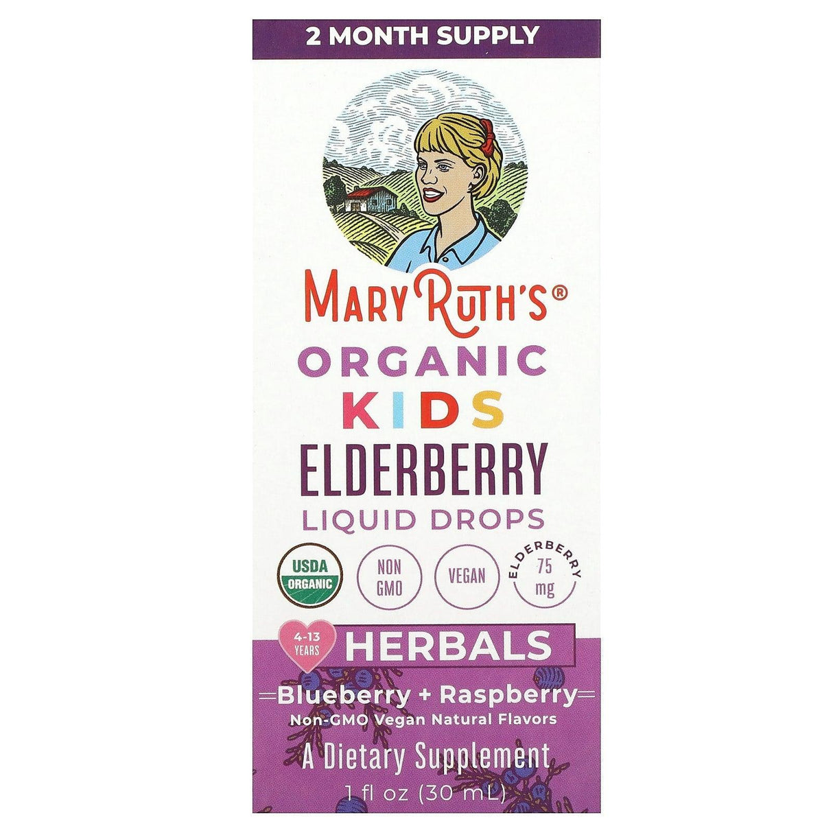 MaryRuth's, Organic Kids Elderberry Liquid Drops, 4-13 Years, Blueberry + Raspberry, 1 fl oz (30 ml) - Supply Center USA