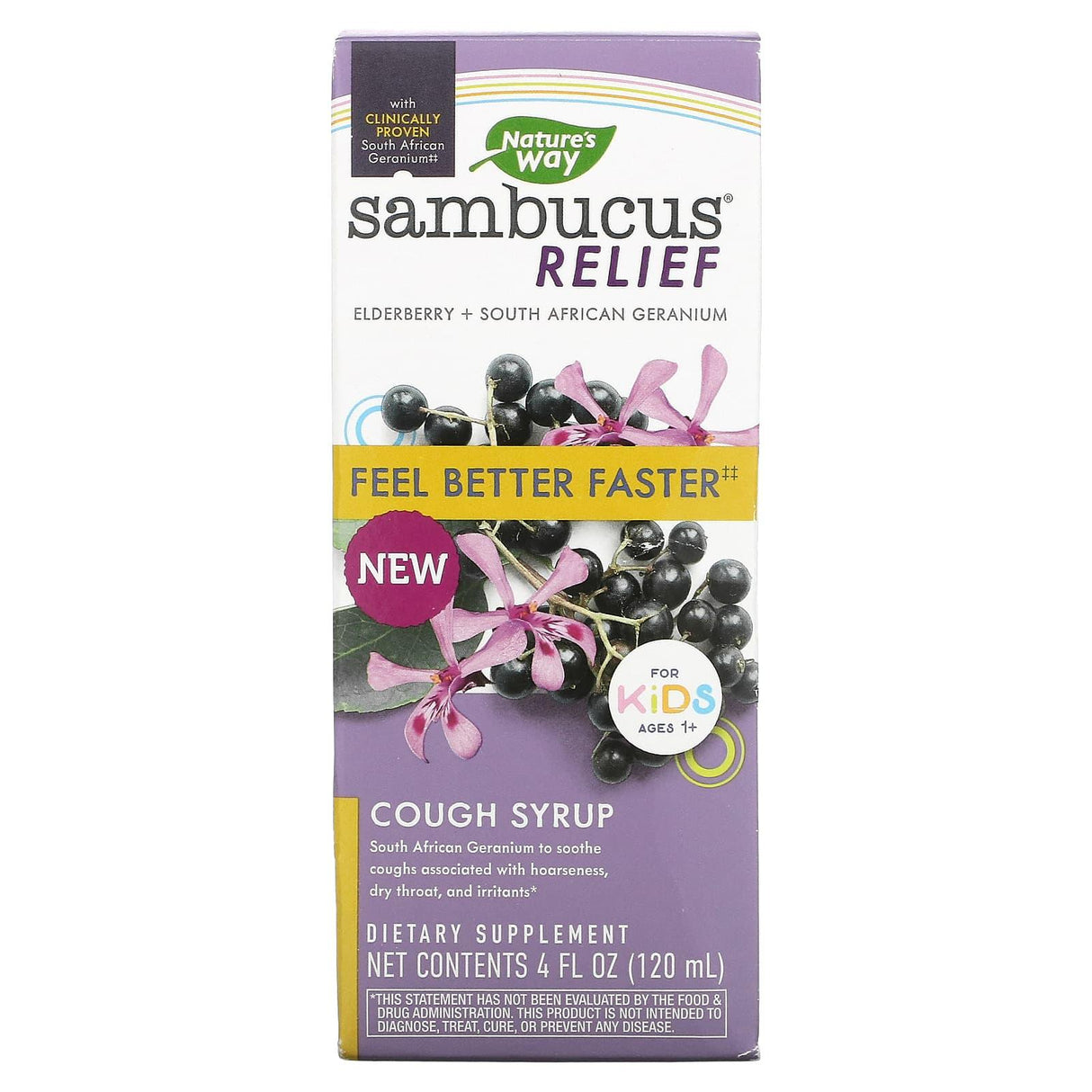 Nature's Way, Sambucus Relief, Cough Syrup, For Kids, Ages 1+, Elderberry, 4 fl oz (120 ml) - Supply Center USA