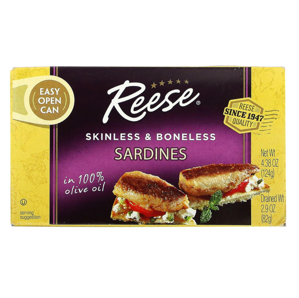 Reese, Skinless & Boneless Sardines in 100% Olive Oil, 4.38 oz (124 g) - Supply Center USA