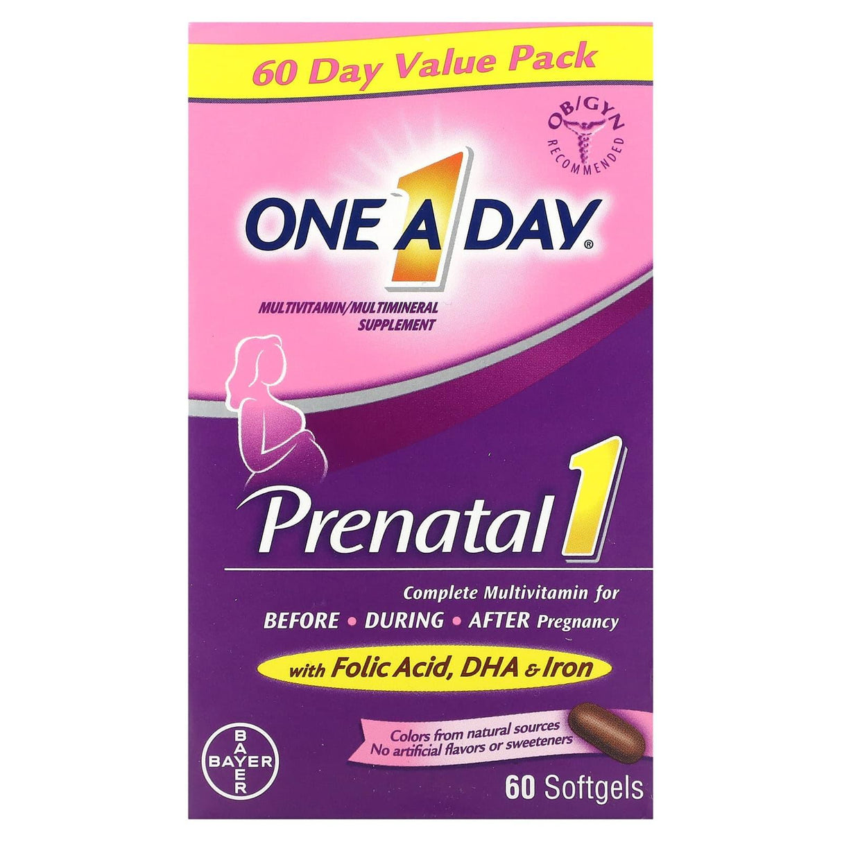 One-A-Day, Prenatal 1 with Folic Acid, DHA & Iron, 60 Softgels - Supply Center USA