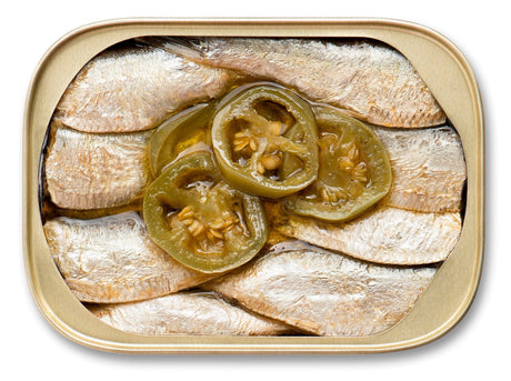 King Oscar, Wild Caught Sardine, In Extra Virgin Olive Oil with Hot Jalapeno Peppers, Hot, Two Layer, 3.75 oz (106 g) - Supply Center USA