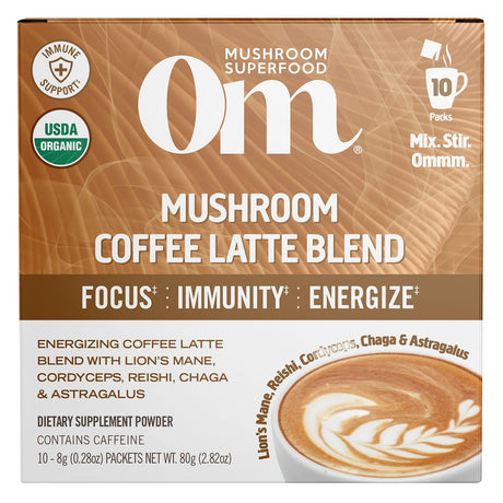 Om Mushrooms, Mushroom Coffee Latte Blend, 10 Packets, 0.28 oz (8 g) Each - Supply Center USA