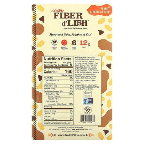 NuGo Nutrition, Fiber d'Lish, Peanut Chocolate Chip, 16 Bars 1.6 oz (45 g) Each - Supply Center USA