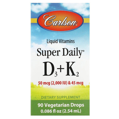 Carlson, Super Daily D3 + K2, 50 mcg (2,000 IU) & 45 mcg, 90 Vegetarian Drops, 0.086 fl oz (2.54 ml) - Supply Center USA