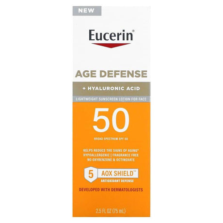 Eucerin, Age Defense, Lightweight Sunscreen Lotion For Face, SPF 50, Fragrance Free, 2.5 fl oz (75 ml) - Supply Center USA