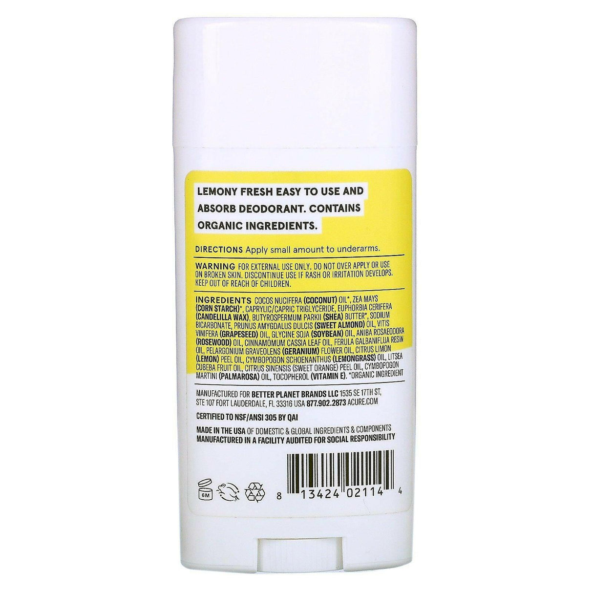 Acure, Deodorant, Lemon Verbena, 2.2 oz (62.4 g) - Supply Center USA