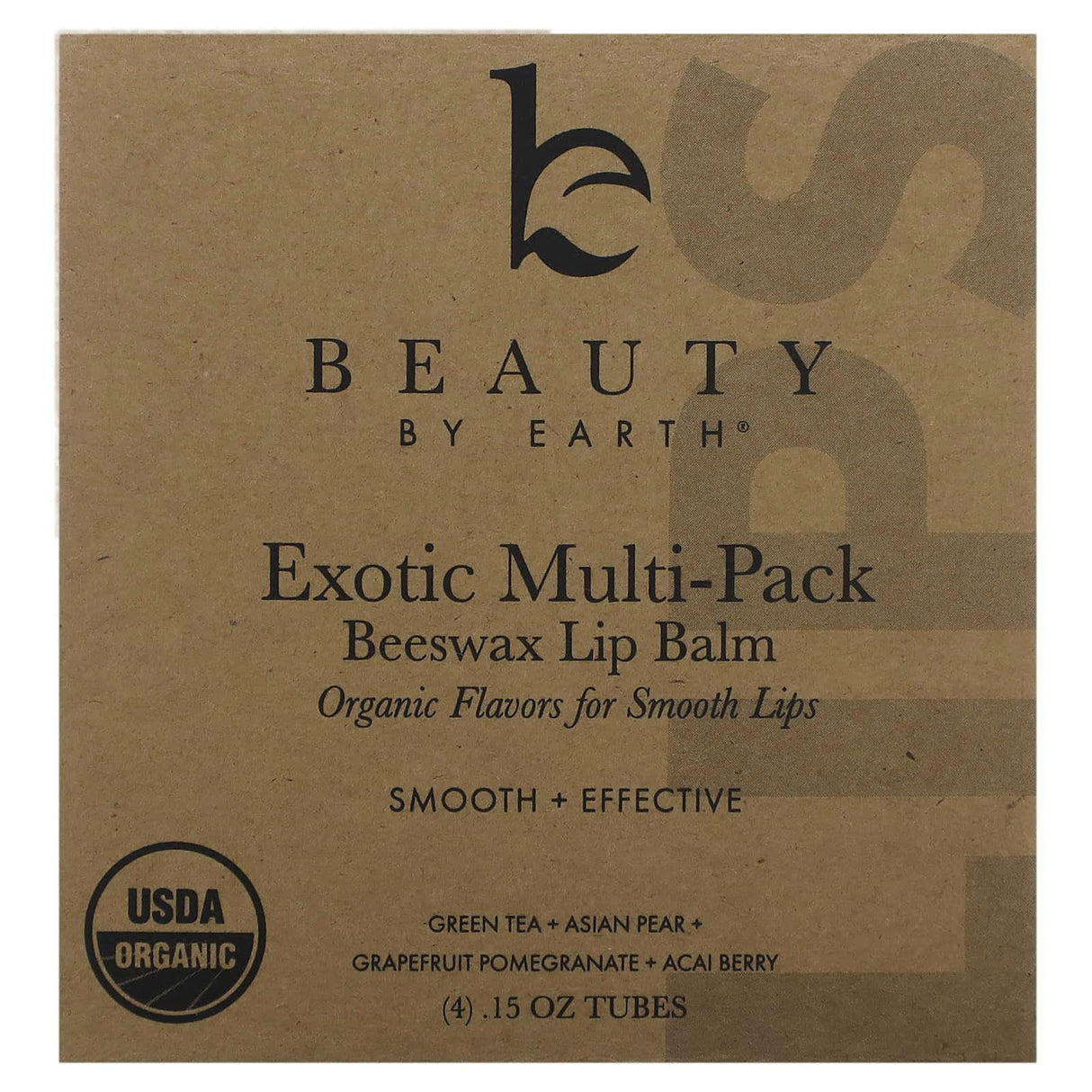 Beauty By Earth, Exotic Multi-Pack Beeswax Lip Balm, Green Tea + Asian Pear + Grapefruit Pomegranate + Acai Berry, 4 Tubes, 0.15 oz Each - Supply Center USA