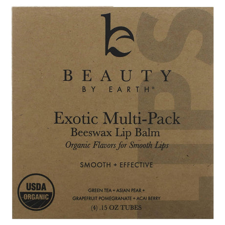 Beauty By Earth, Exotic Multi-Pack Beeswax Lip Balm, Green Tea + Asian Pear + Grapefruit Pomegranate + Acai Berry, 4 Tubes, 0.15 oz Each - Supply Center USA