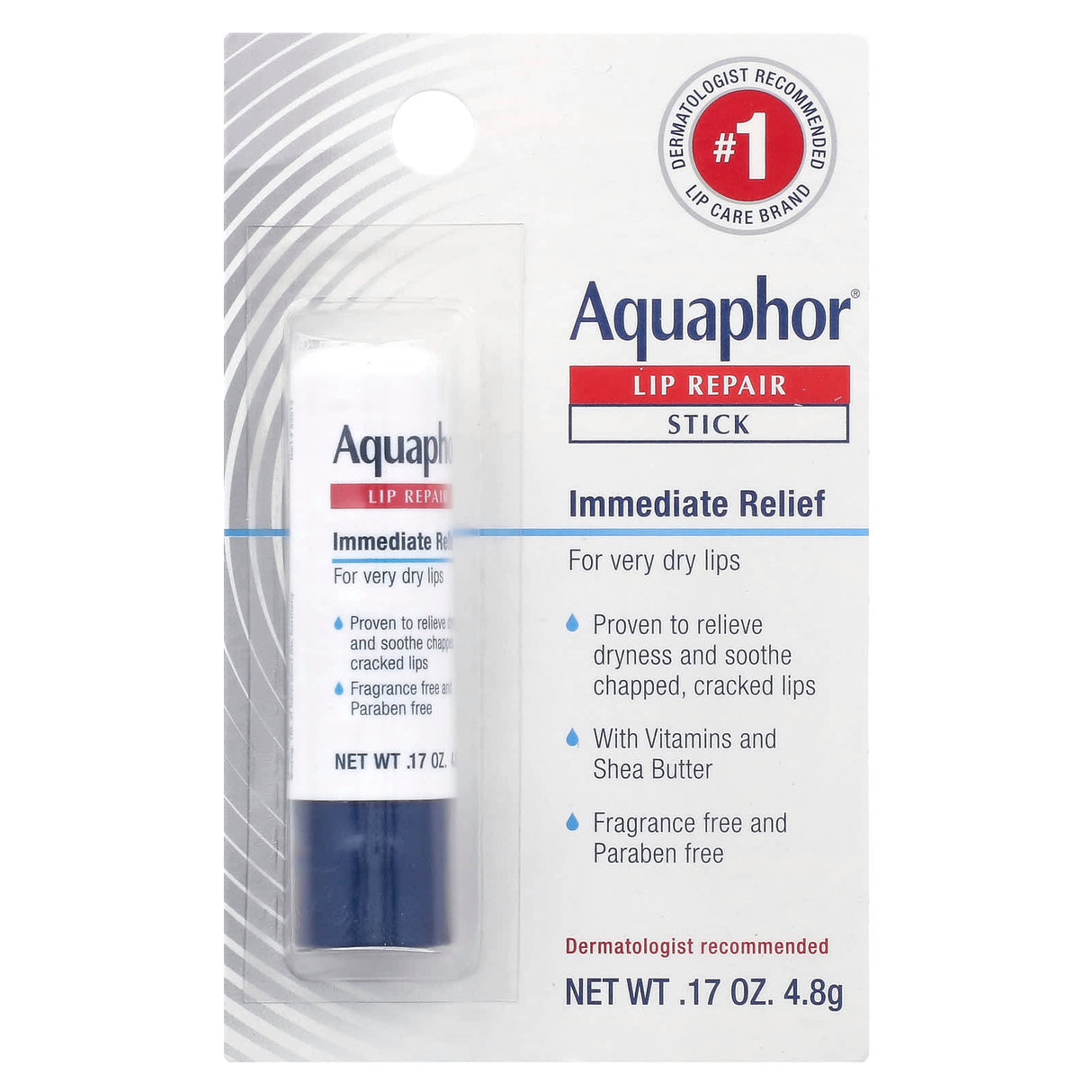 Aquaphor, Lip Repair, Stick, Immediate Relief, Fragrance Free, 1 Stick, .17 oz (4.8 g)
