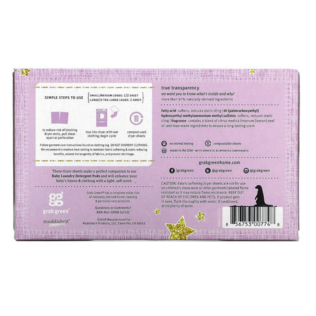 Grab Green, Dryer Sheets, Baby, 5+ Months, Dreamy Rosewood with Essential Oils, 80 Compostable Sheets - Supply Center USA