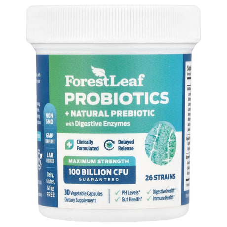 Forest Leaf, Probiotics + Natural Prebiotic with Digestive Enzymes, Maximum Strength, 30 Vegetarian Capsules - Supply Center USA