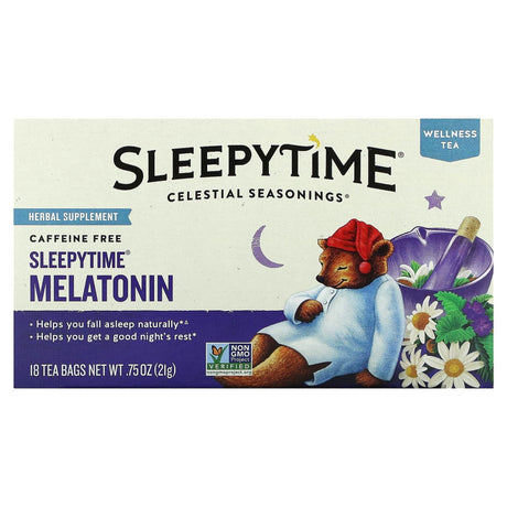 Celestial Seasonings, Wellness Tea, Sleepytime Melatonin Tea, Caffeine Free, 18 Tea Bags, 0.75 oz (21 g) - Supply Center USA