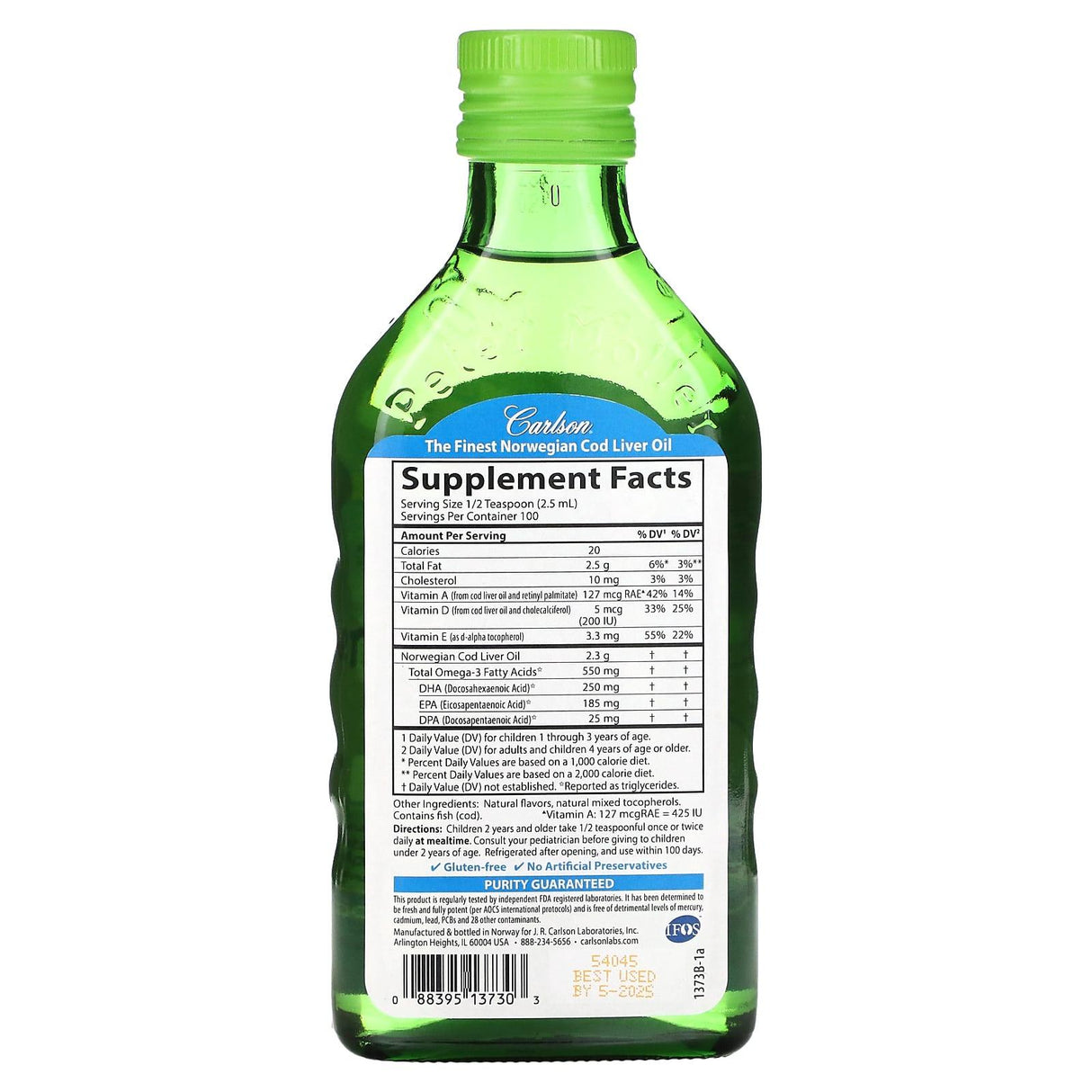 Carlson, Kids Cod Liver Oil, Natural Green Apple , 550 mg, 8.4 fl oz (250 ml) - Supply Center USA