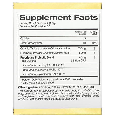 California Gold Nutrition, Kids Pre-Probiotic Pixies, 5 Billion CFUs + Elderberry, Natural Blueberry Flavor, 30 Packets, 0.05 oz (1.5 g) Each - Supply Center USA